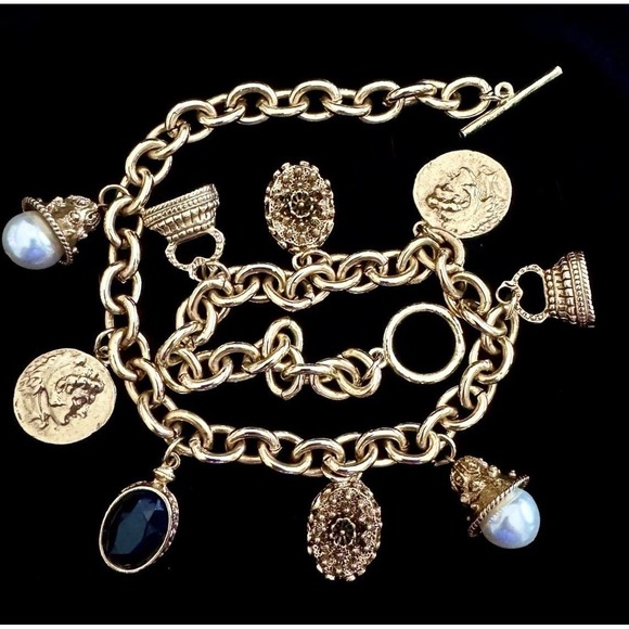 The Unbranded Brand Jewelry - Vintage Victorian Revival Charm Necklace Chunky Rolo Chain Coins Pearls Goldtone